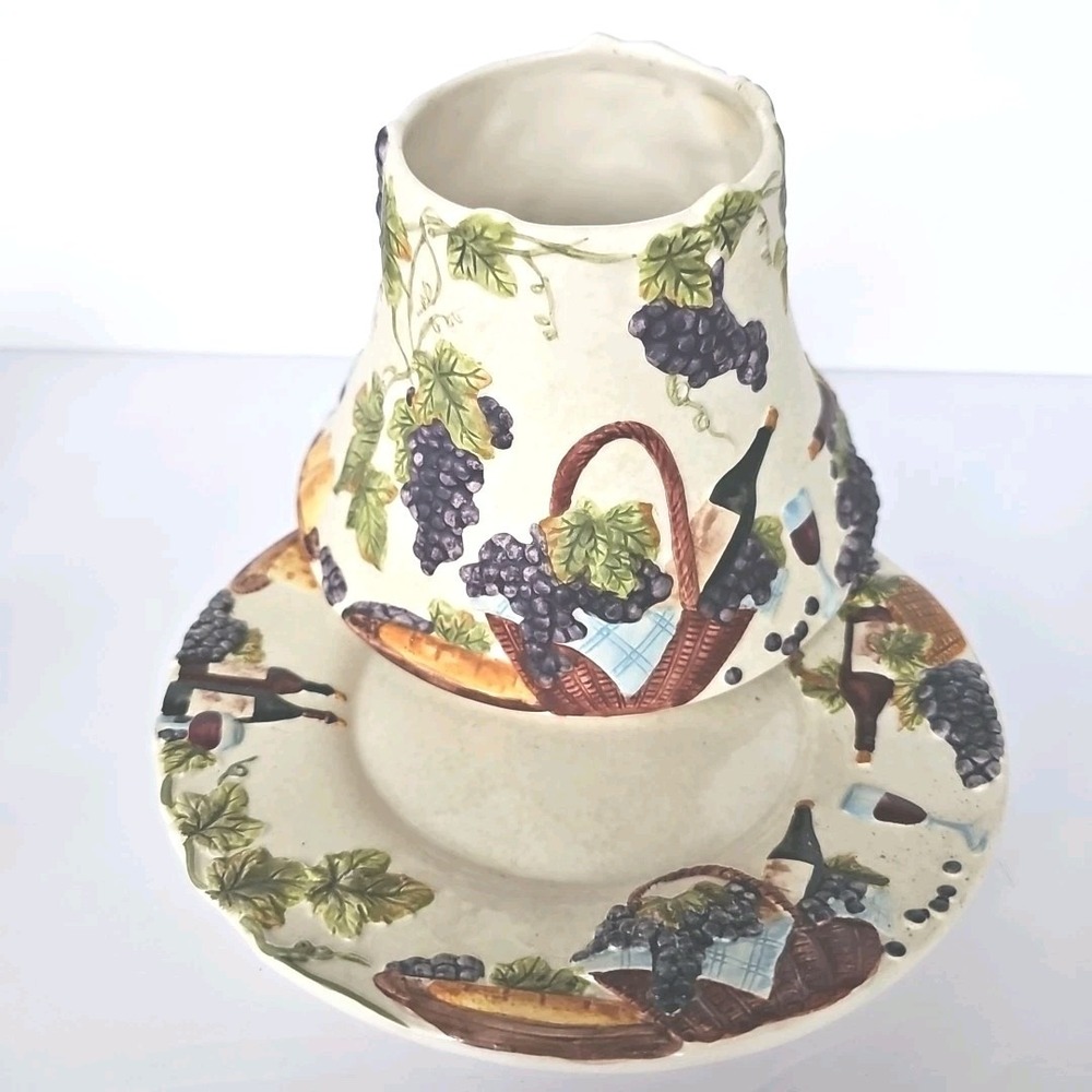 Vtg Yankee Candle Jar Shade &‎ Plate Set Wine Grapes Cheese Basket Tuscan 1907